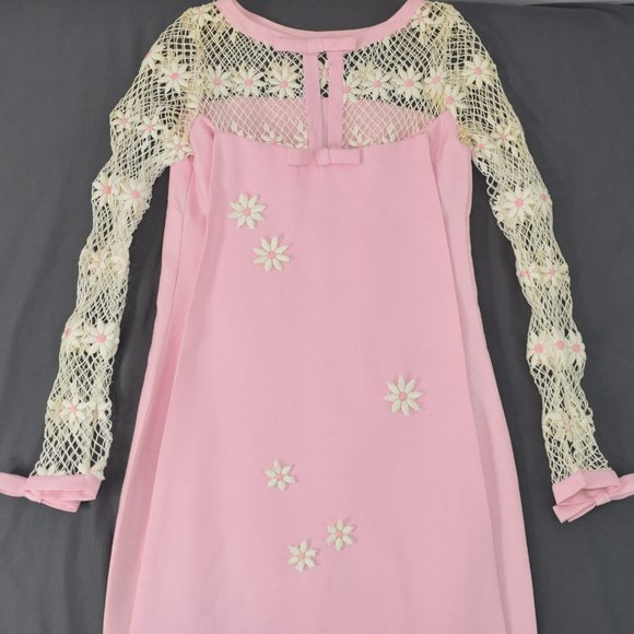 60s Maxi Fish Net Train Evening Gown Prom Dress Barbie Pink Handmade Vintage XS - Picture 8 of 16